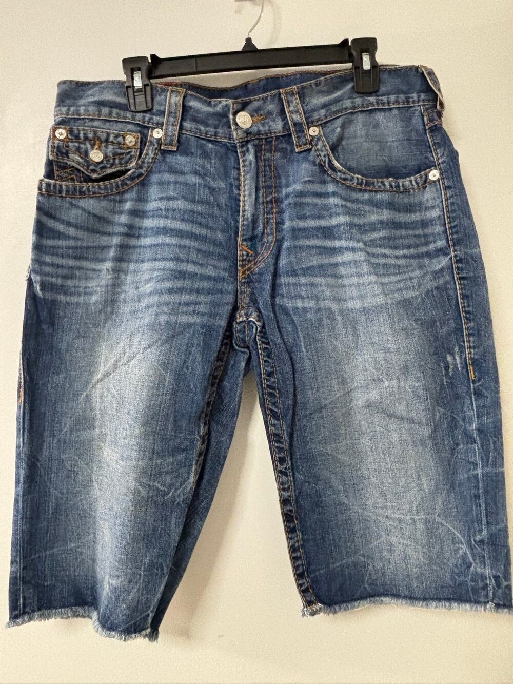 True Religion Mens 34 Denim Jeans 
Shorts Raw Cut Off Hem Flap Pocket Blue Jorts